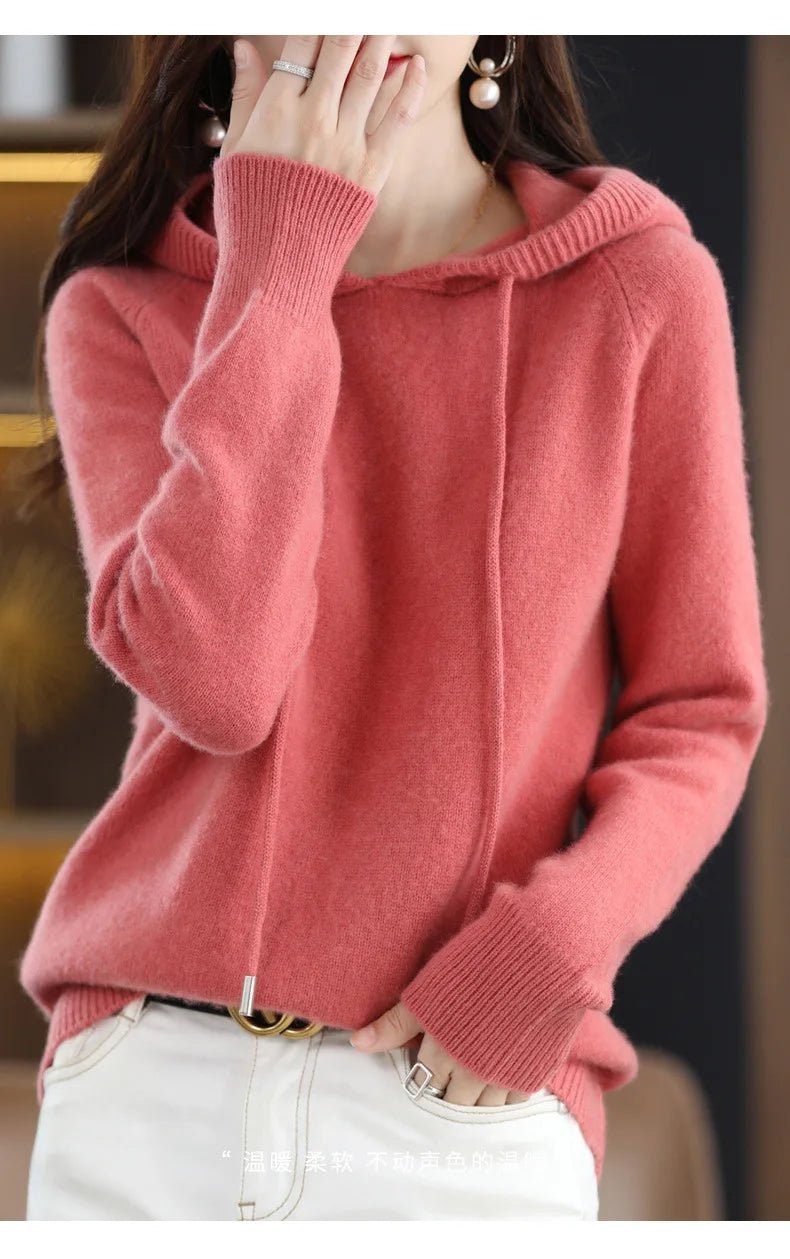 Cashmere Hooded Sweater Women Autumn Winter Long Sleeve Solid Color Knitted Hoodies Lady Loose Drawstring Casual Pullover Hoodie ATHLEXES