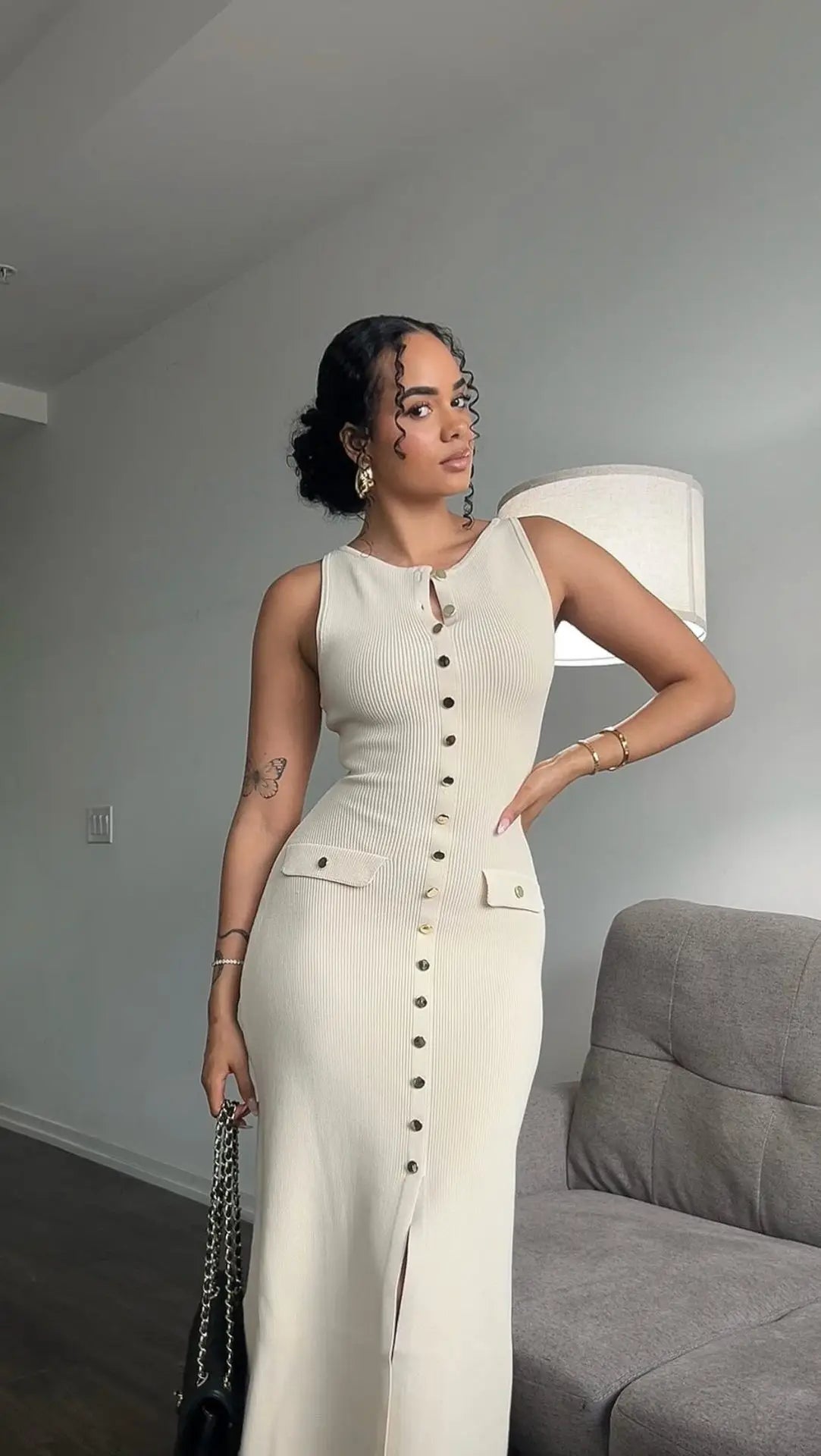 Elegant Knit Ribbed Maxi Dress with Pockets ATHLEXES
