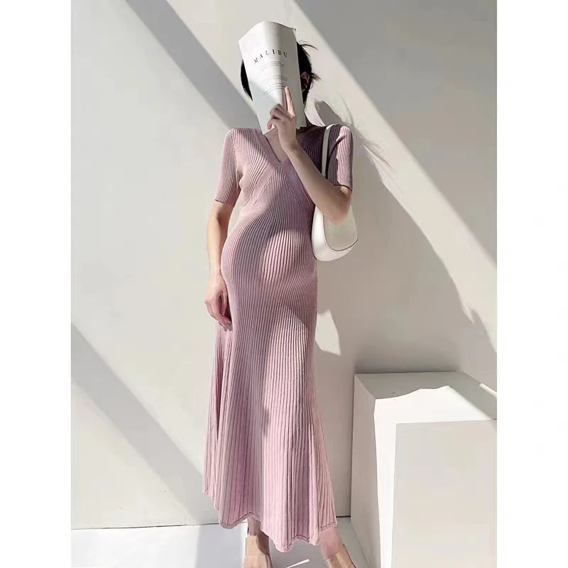 Korean Style Maternity V-Neck Knit Dress ATHLEXES
