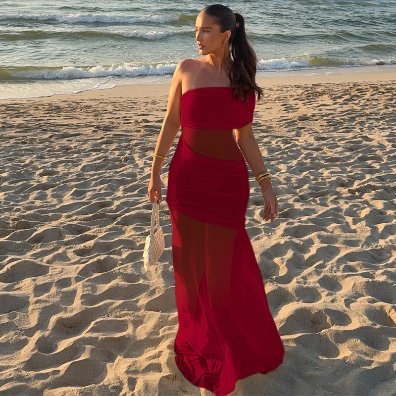 Chic Off-Shoulder Mesh Maxi Dress for Women ATHLEXES