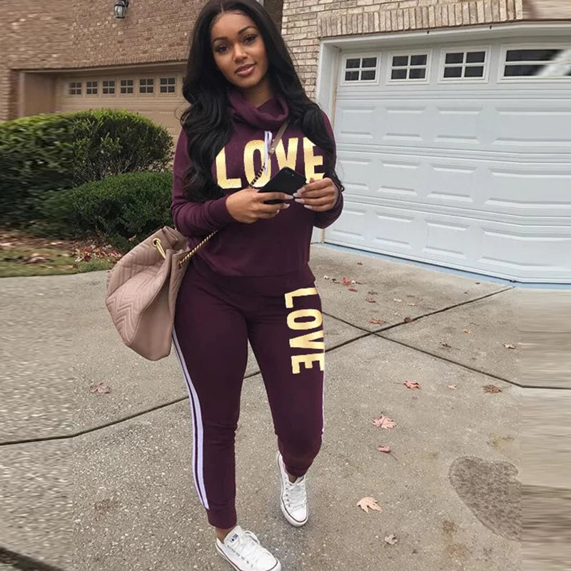 Chic Love Print High Neck Hoodie and Pants Set ATHLEXES