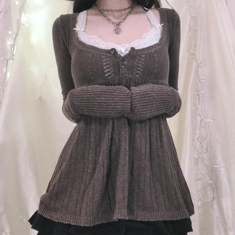 Y2K Aesthetic Vintage Babydoll Knit Sweater Tops ATHLEXES