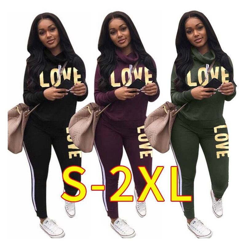 Chic Love Print High Neck Hoodie and Pants Set ATHLEXES