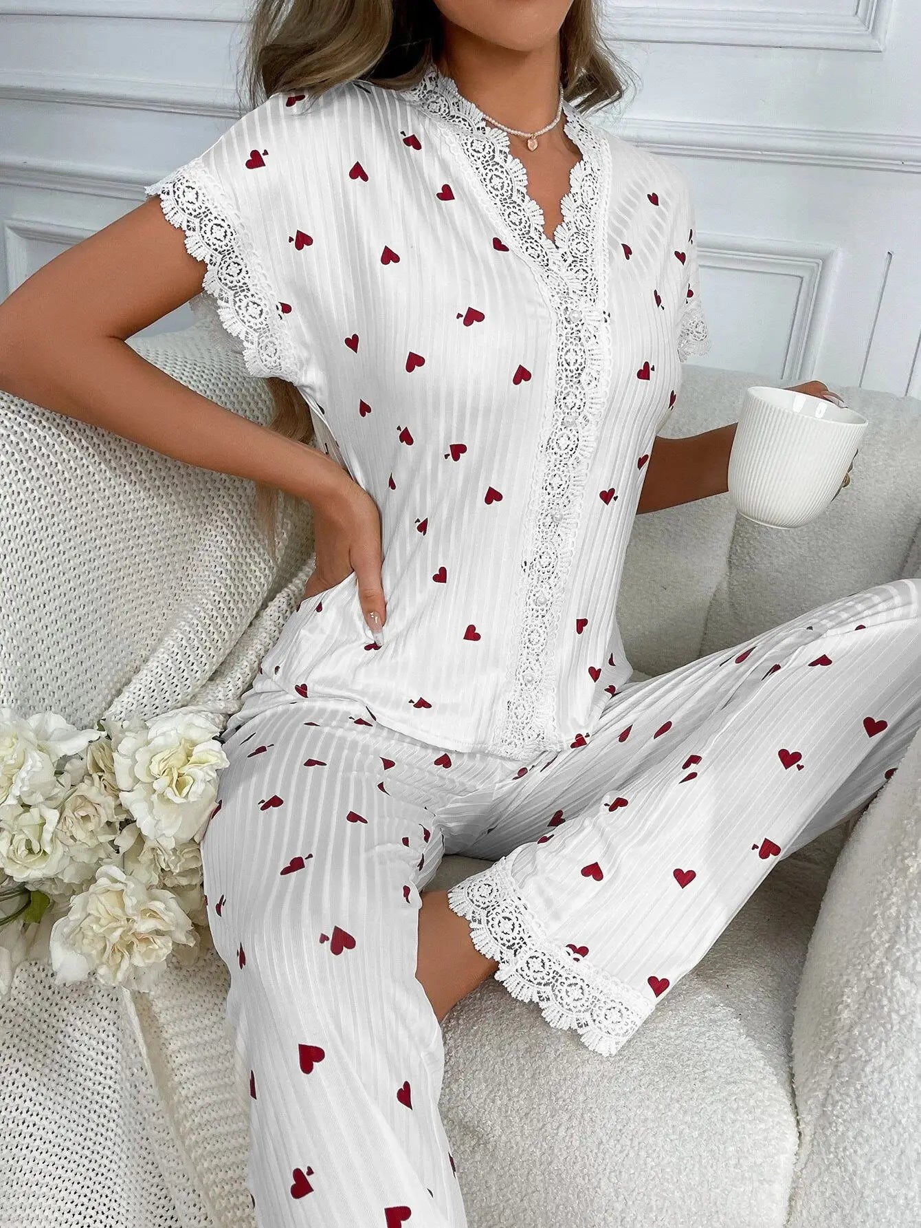 Chic Heart Print Lace Trim Pajama Set for Women ATHLEXES