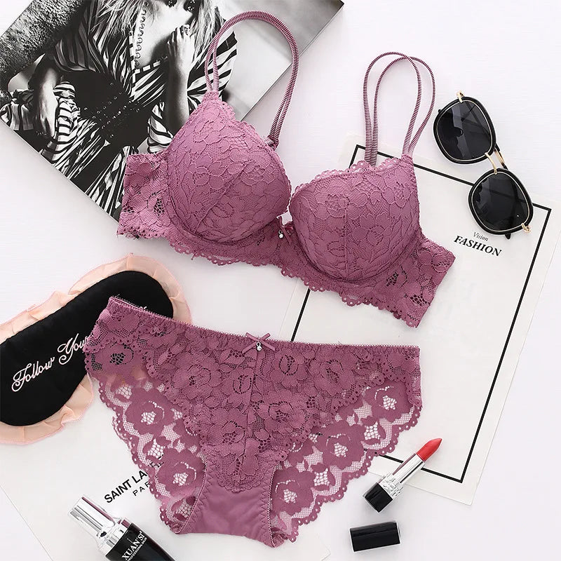 Women Lace Bras Set Low Waist Panties Underwire Top Big Size Bra ATHLEXES