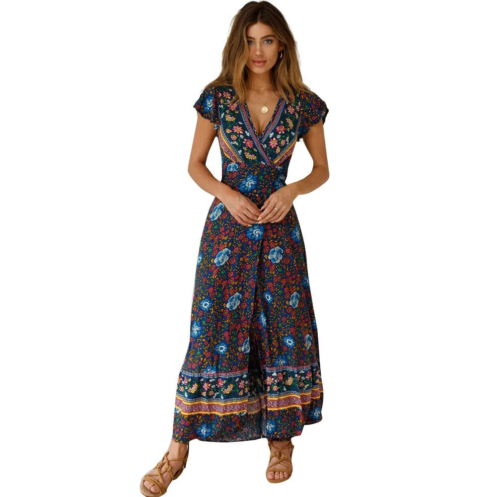 Chic V Neck Summer Slit Maxi Dress for Women ATHLEXES