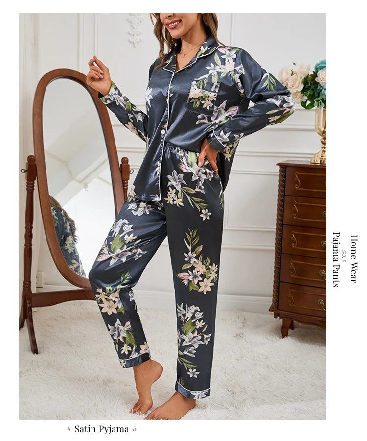Autumn Pajama Women Silk Satin Set ATHLEXES