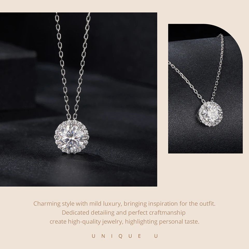 BAMOER Halo Moissanite Necklace in White Gold ATHLEXES
