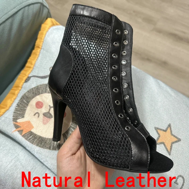 New Sexy High Heels Hollow Mesh Sandals Summer Fashion Trend Comfort Peep Toe Boots Stilettos Jazz Dance Female Shoes Plus Size ATHLEXES