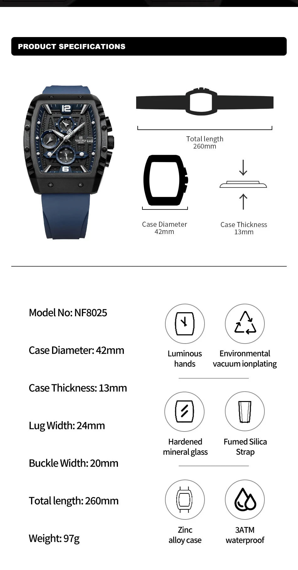 NAVIFORCE NF8025 Waterproof Sport Chronograph Watch ATHLEXES