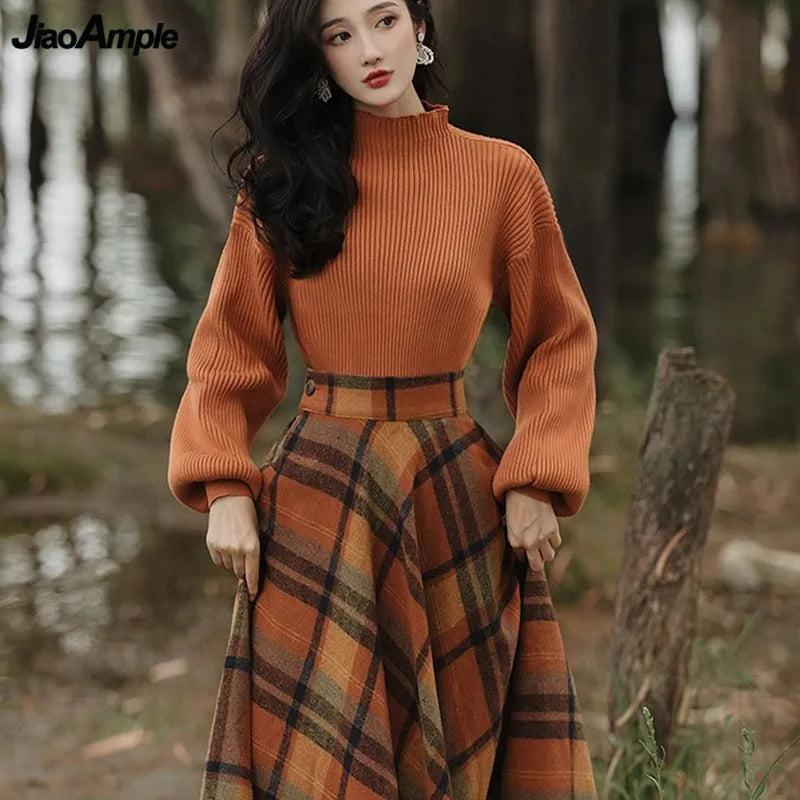 French Lady Vintage Plaid Sweater & High Waist Skirt Set ATHLEXES