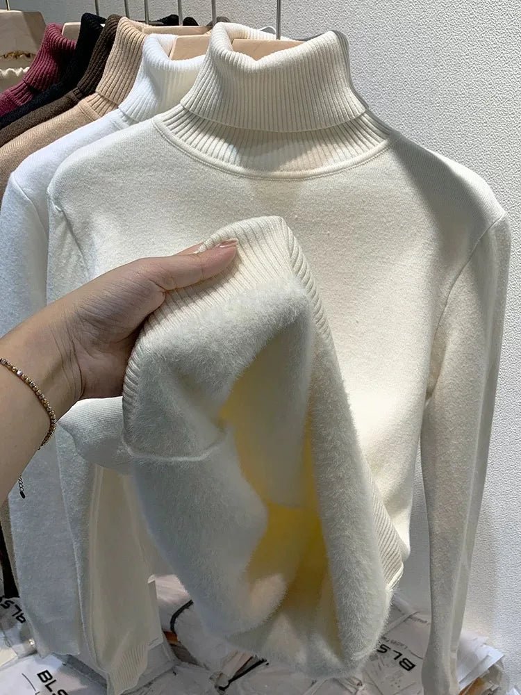 Turtleneck Winter Sweater Women Elegant Thicken Velvet Lined Warm Sueter Knitted Pullover Slim Tops Jersey Knitwear Jumper New ATHLEXES