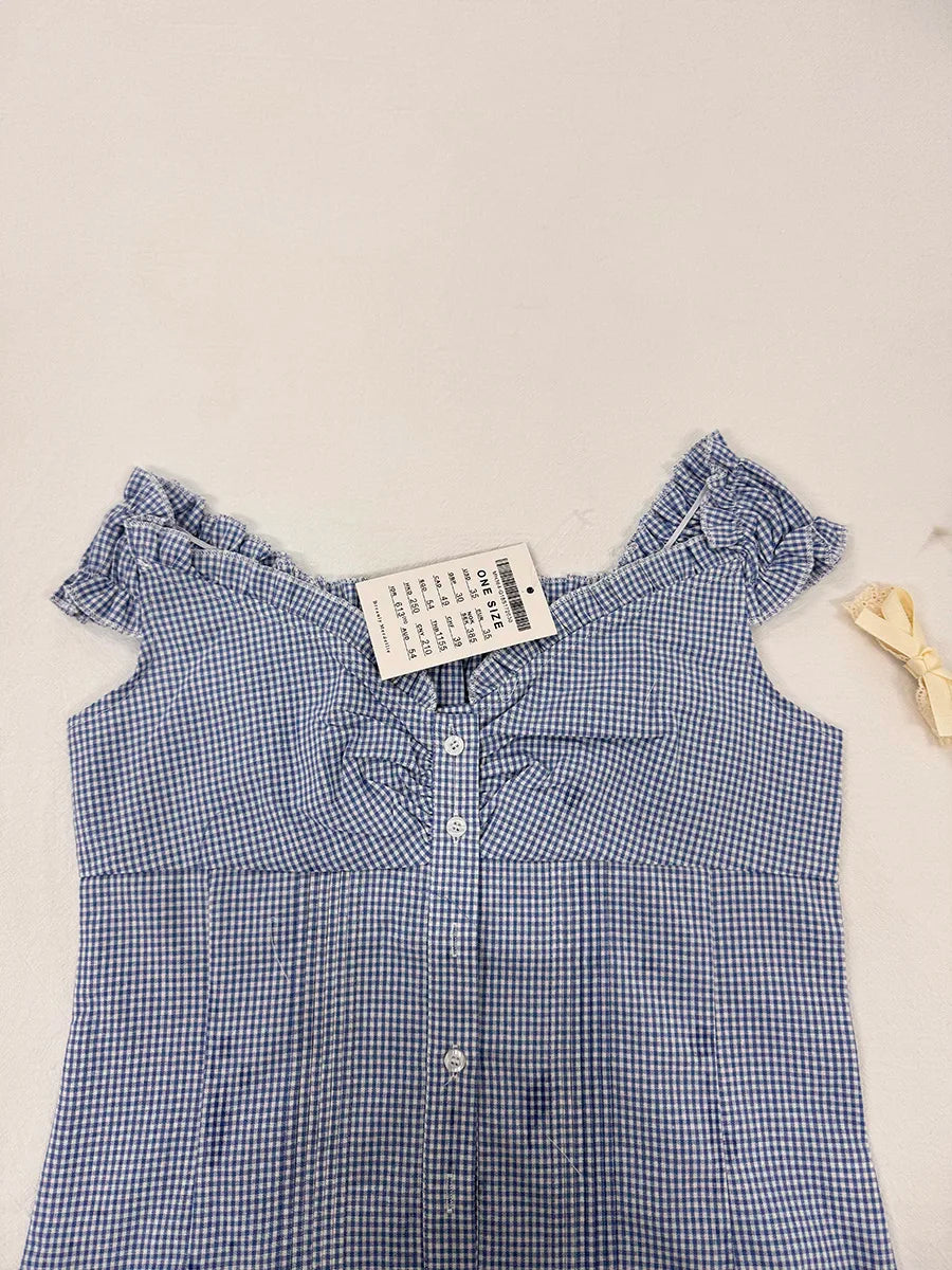 Chic Blue Plaid Puff Sleeve V Neck Crop Top ATHLEXES