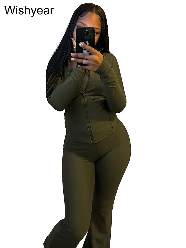 Elegant Street Style Women's Long Sleeve Tops & Flare Pants Set ATHLEXES
