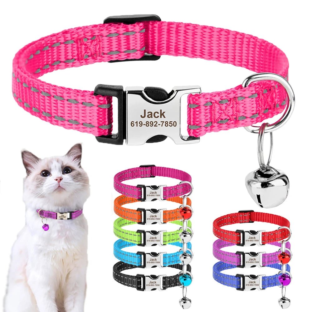 Personalized Cat Collar Reflective Nylon Dog Cats ID Collars With Bell Free Engraving for Cats Small Dogs Chihuahua 10 Colors ATHLEXES