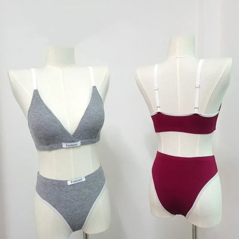 Women Cotton Bra Set Sexy Briefs Low Waist Panties Wire Free Bralette Lingerie Set ATHLEXES