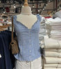Chic Blue Plaid Puff Sleeve V Neck Crop Top ATHLEXES