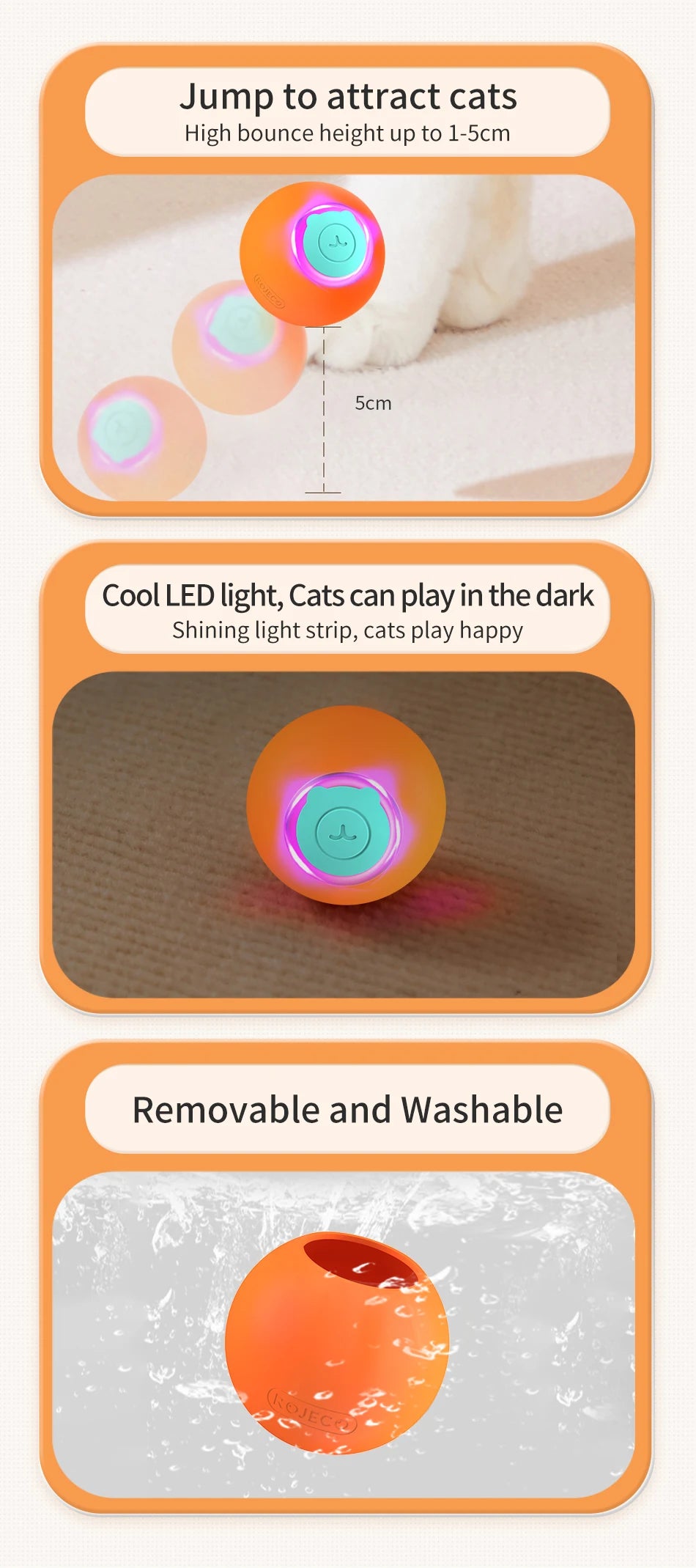 ROJECO Cat Toys Smart Interactive Cat Bouncing Ball Automatic Rolling Ball Training Self-moving Electric Toy Dog Pet Accessories ATHLEXES