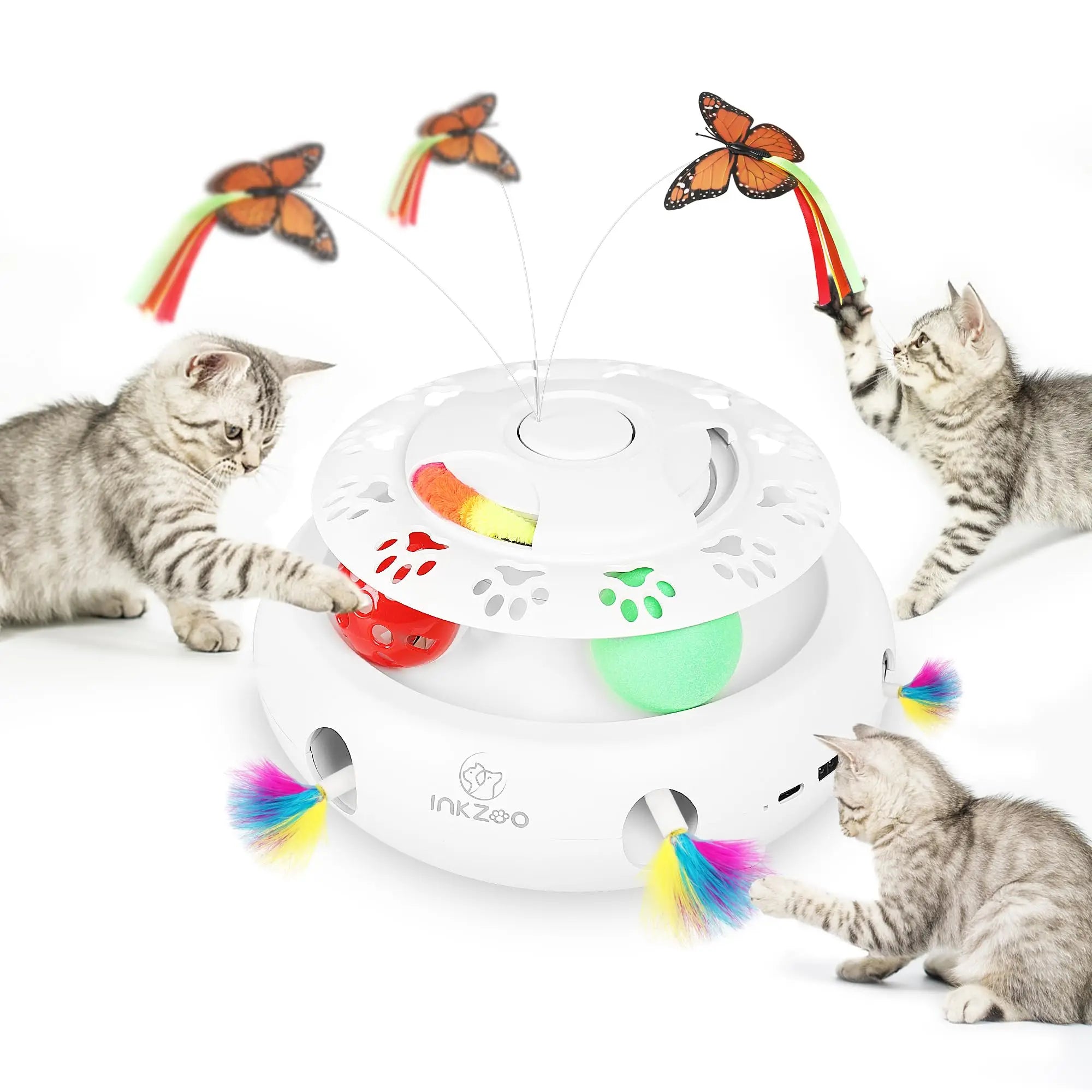 INKZOO 4-in-1 Interactive Cat Toys for Indoor Cats, Automatic 6 Holes Mice Whack-A-Mole, Fluttering Butterfly, Track Balls, USB ATHLEXES