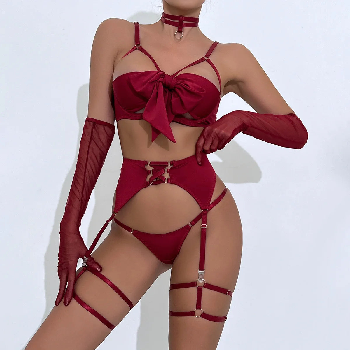 Sexy Lingerie Set Bow Bra Black Temptation Four Piece Set ATHLEXES