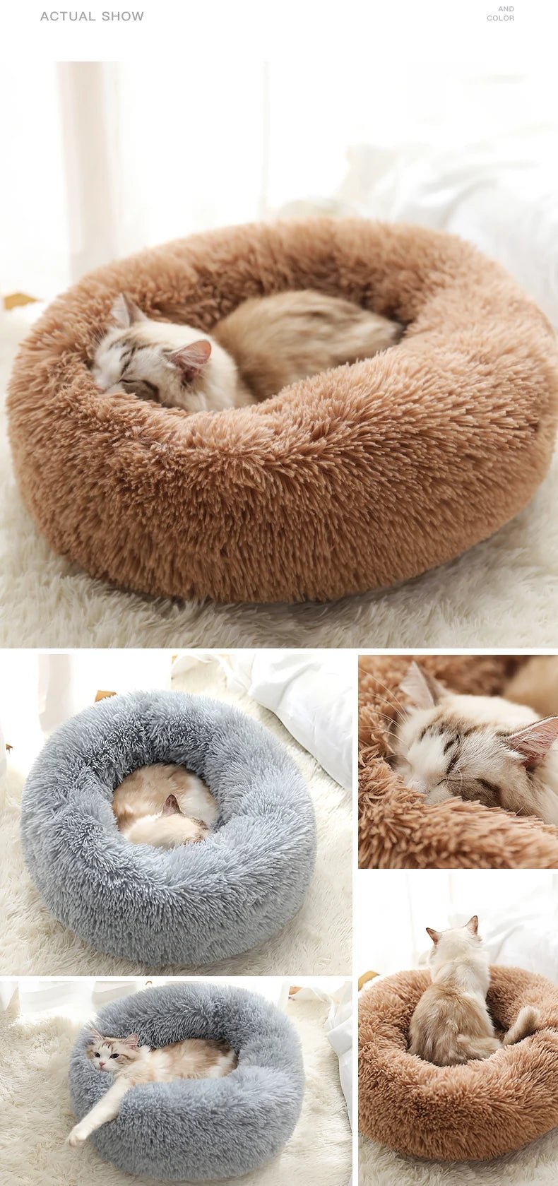 Kimpets Round Cat Bed Dog Pet Bed Kennel Non-Slip Winter Warm Dog Kennel Sleeping Long Plush Soft Puppy Cushion Mat Cat Supplies ATHLEXES