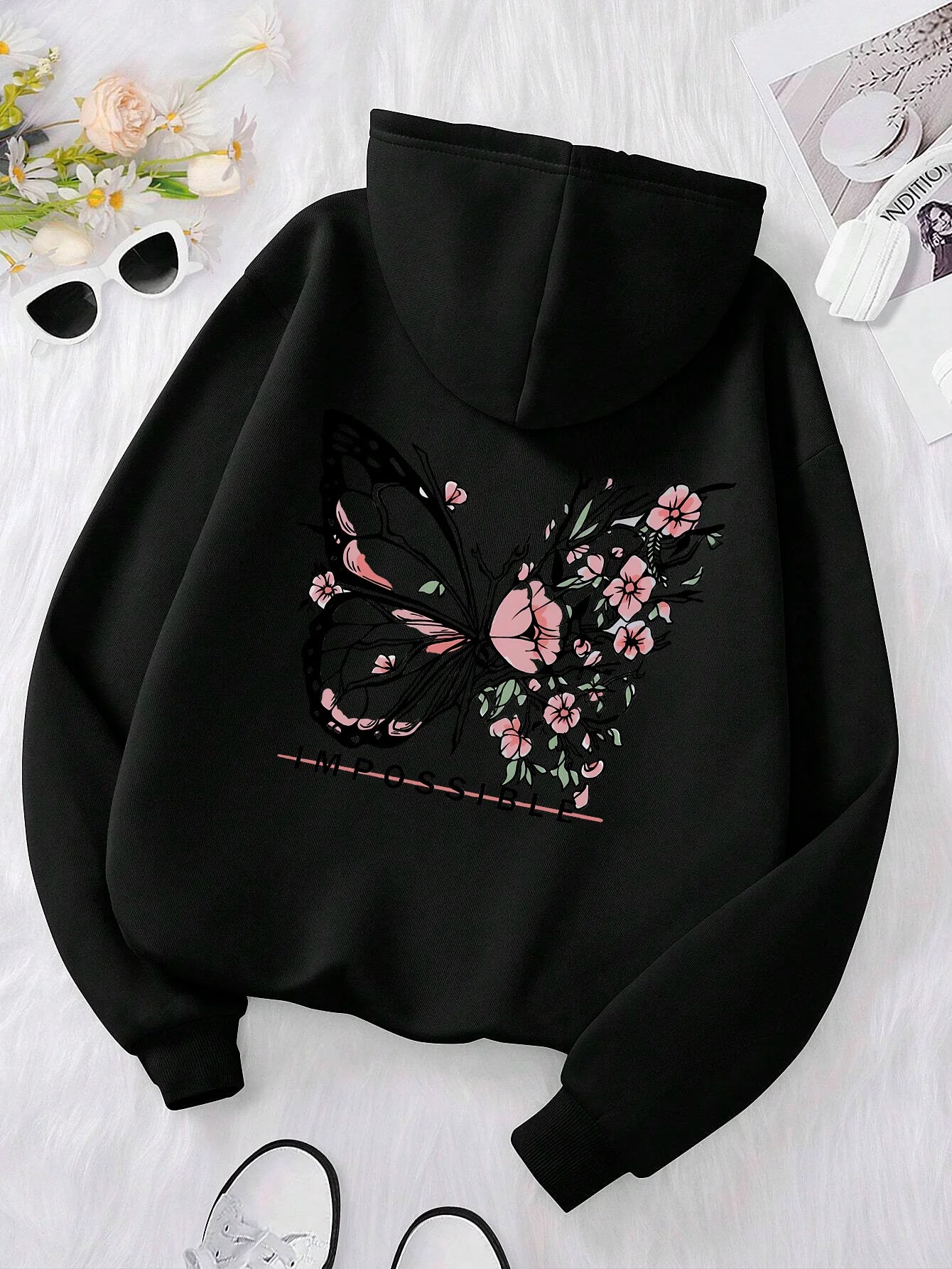 Rose Butterfly Graphic Hooded Sweatshirt ATHLEXES