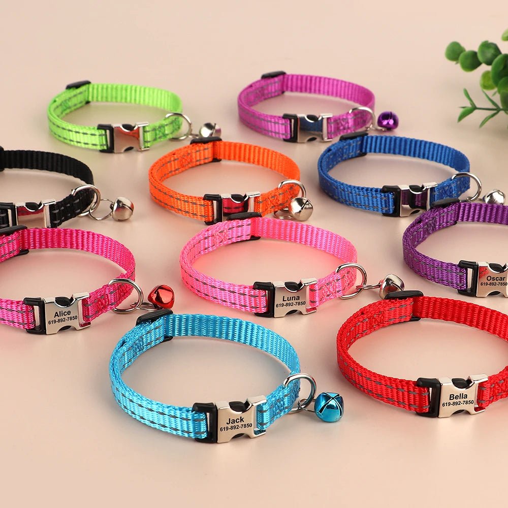 Personalized Cat Collar Reflective Nylon Dog Cats ID Collars With Bell Free Engraving for Cats Small Dogs Chihuahua 10 Colors ATHLEXES