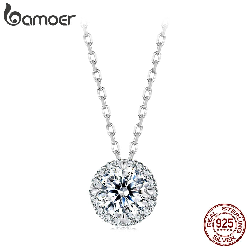 BAMOER Halo Moissanite Necklace in White Gold ATHLEXES