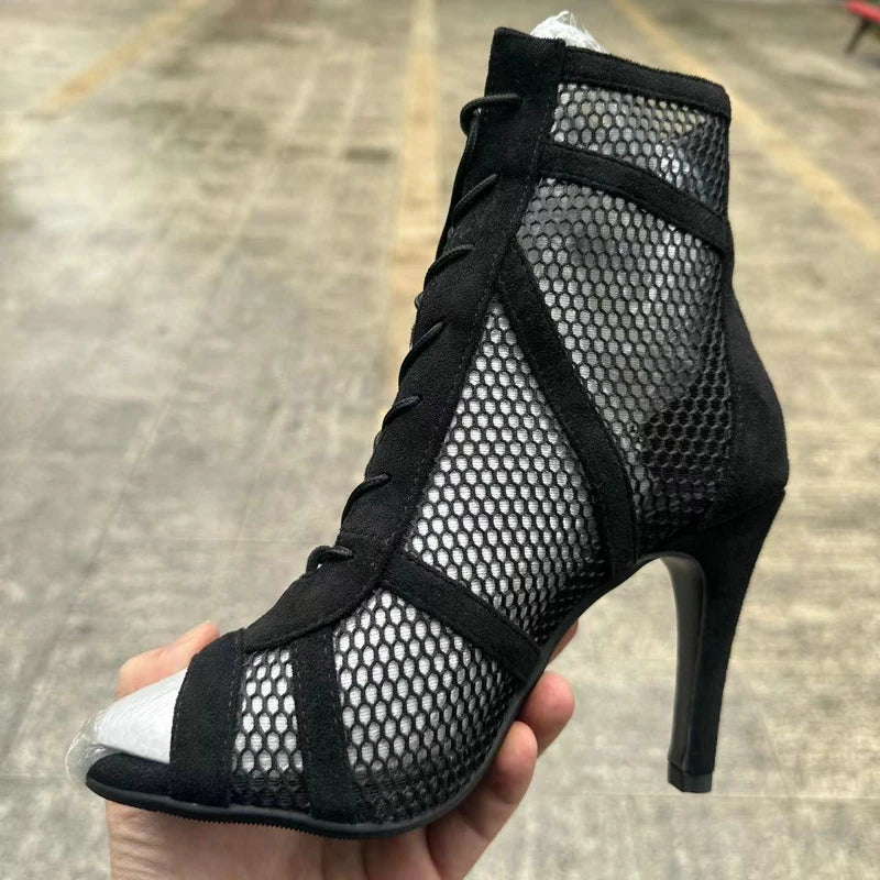 New Sexy High Heels Hollow Mesh Sandals Summer Fashion Trend Comfort Peep Toe Boots Stilettos Jazz Dance Female Shoes Plus Size ATHLEXES