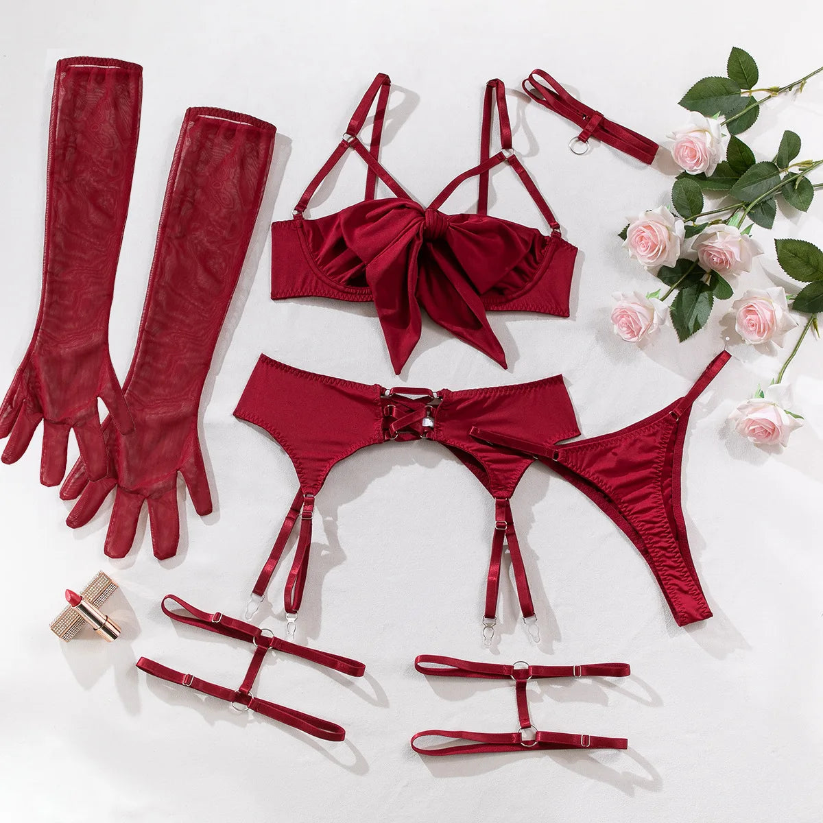 Sexy Lingerie Set Bow Bra Black Temptation Four Piece Set ATHLEXES