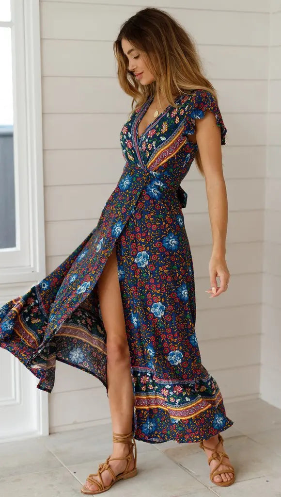 Chic V Neck Summer Slit Maxi Dress for Women ATHLEXES