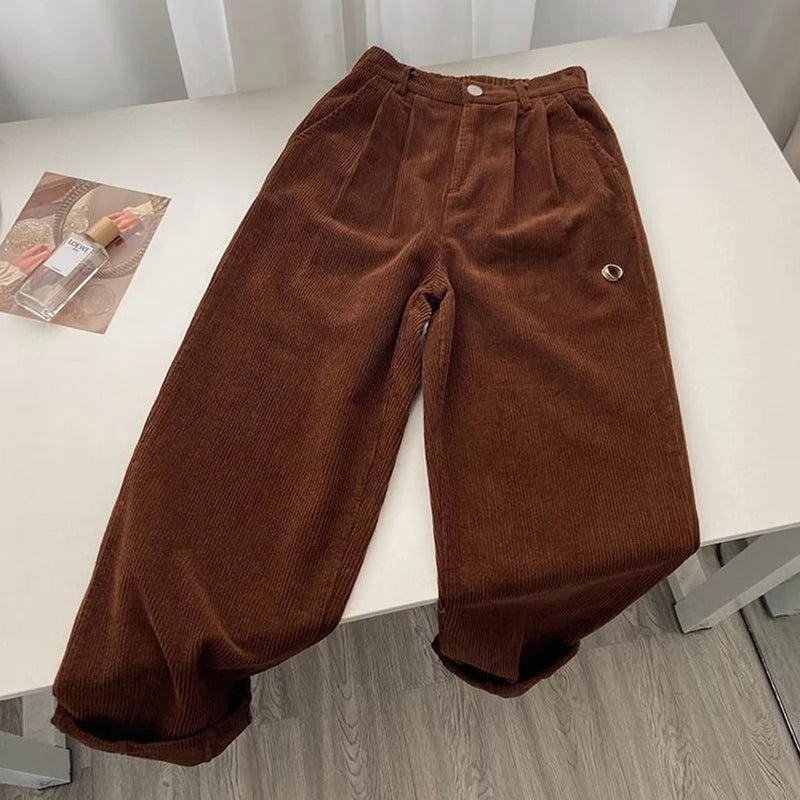 Retro High Waist Corduroy Pants Women Spring Fall Straight Causal Full Length Trousers Korean Fashion Baggy All Match Black Pant ATHLEXES