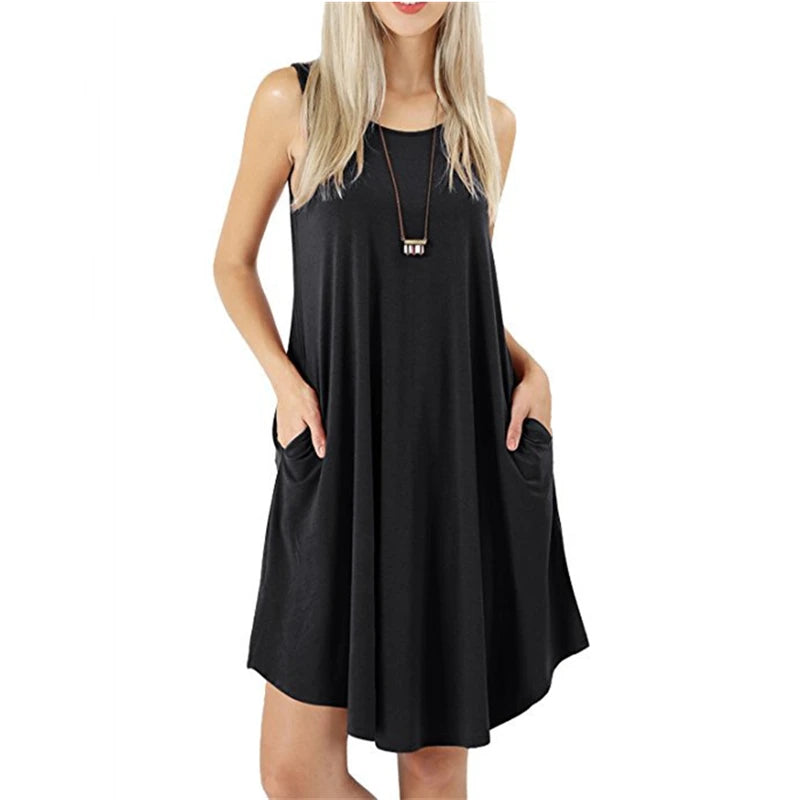 Elegant Summer Sleeveless Beach Dress with Pockets ATHLEXES
