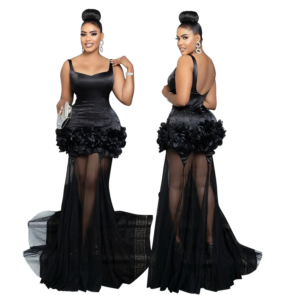 Elegant 3D Floral Mesh Mermaid Maxi Dress ATHLEXES