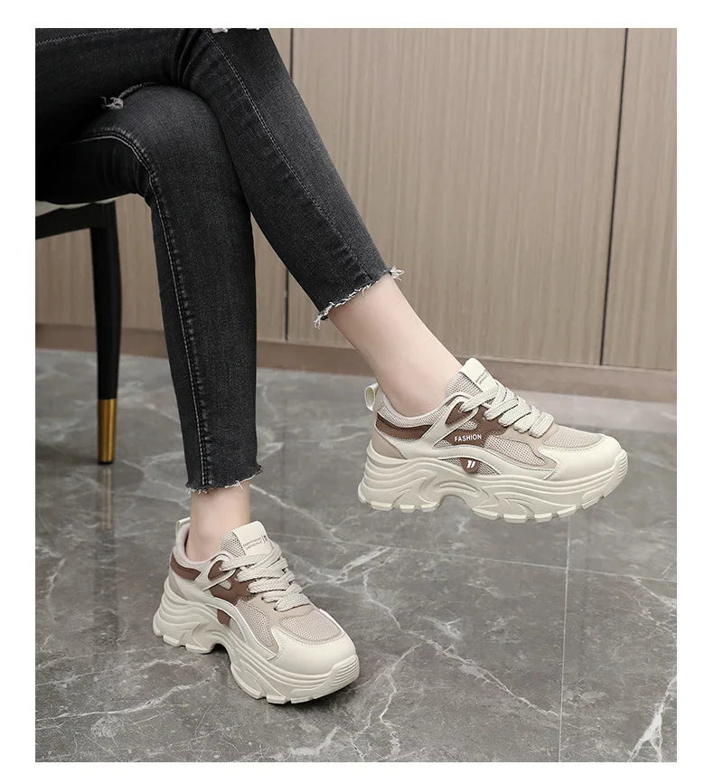 QRJ06 New 2024 Spring Summer Fashionable Korean Style Women's Shoes With Thick Sole Increased Height Breathable Mesh Shoes ATHLEXES