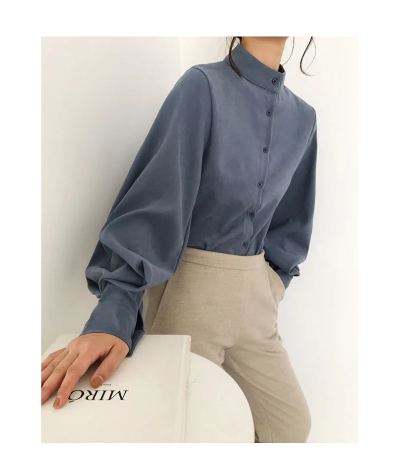 Elegant Lantern Sleeve Blouse for Women - Autumn Winter Office Chic ATHLEXES