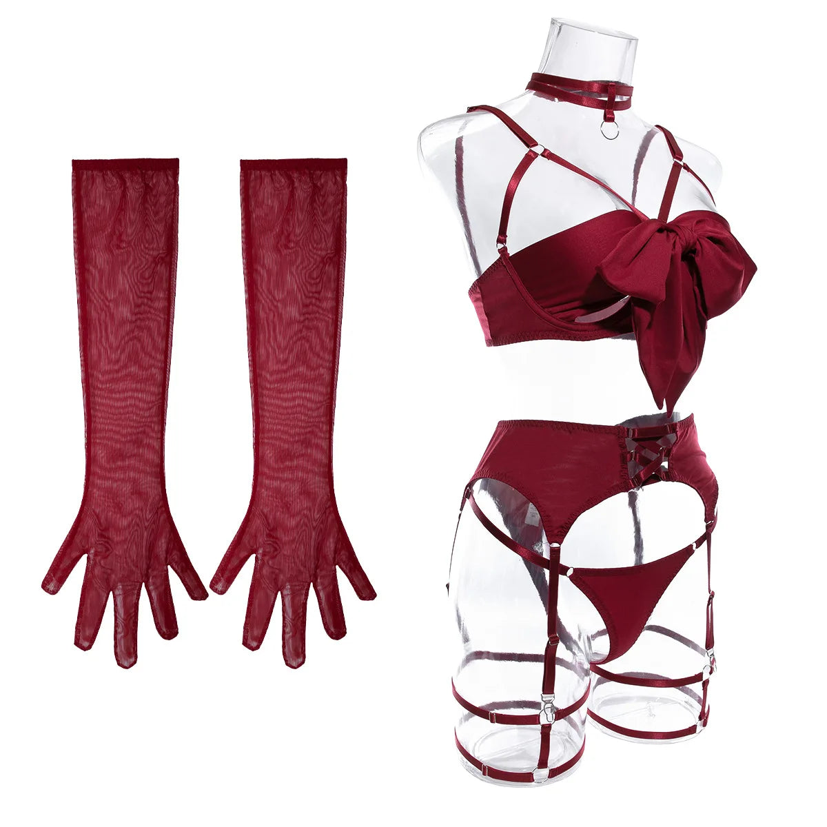 Sexy Lingerie Set Bow Bra Black Temptation Four Piece Set ATHLEXES