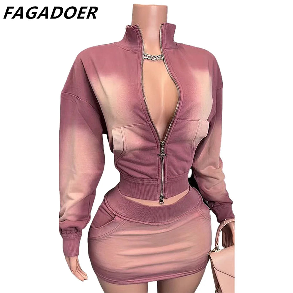 FAGADOER Pink Tie Dye Crop & Skirt Set for Women ATHLEXES
