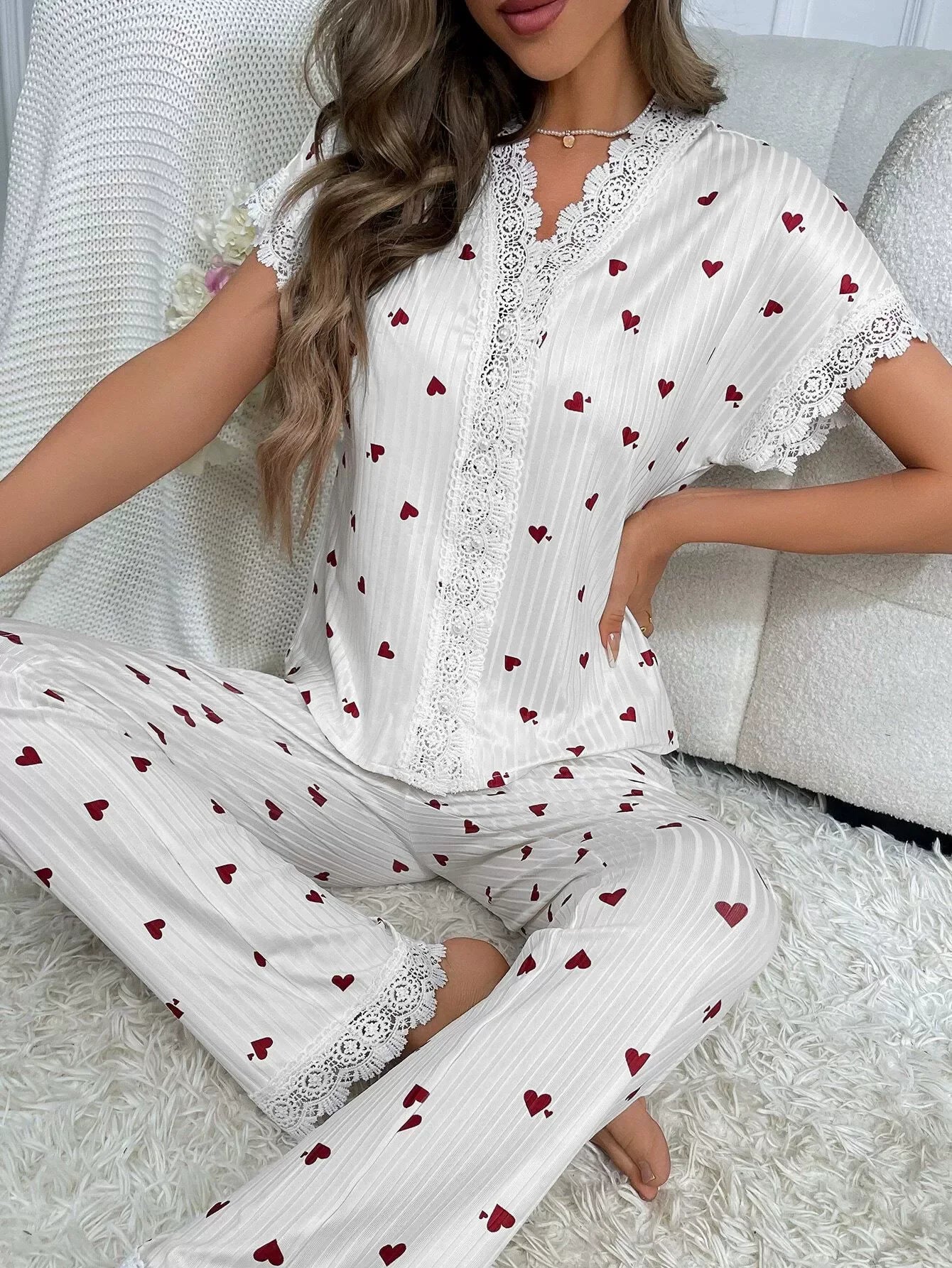 Chic Heart Print Lace Trim Pajama Set for Women ATHLEXES