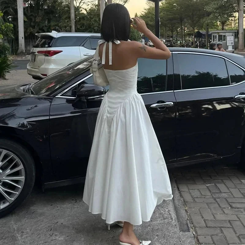 Chic White Backless Halter Dress for Summer Events ATHLEXES