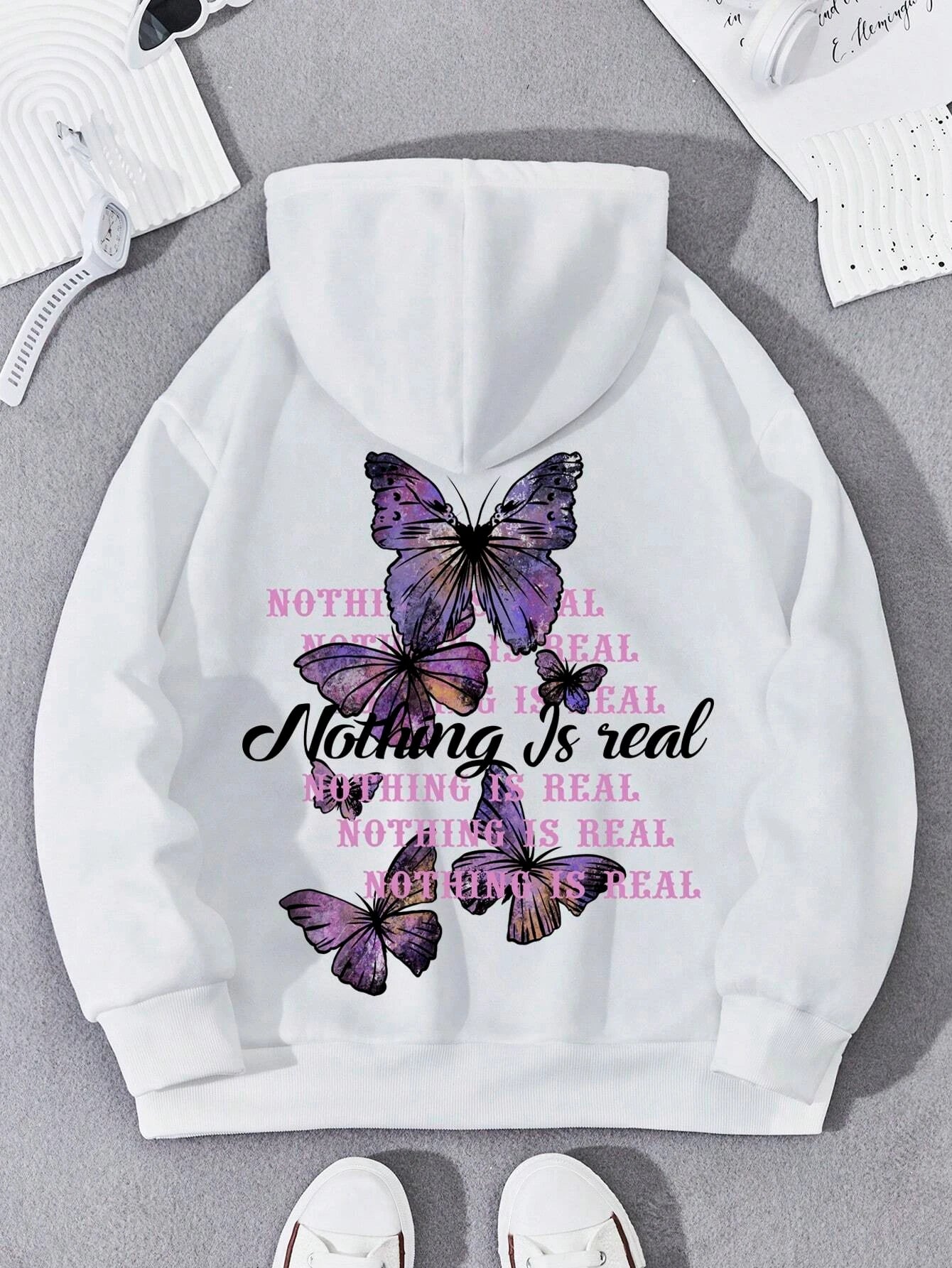 Chic Butterfly Print Fleece Hoodie for Women ATHLEXES