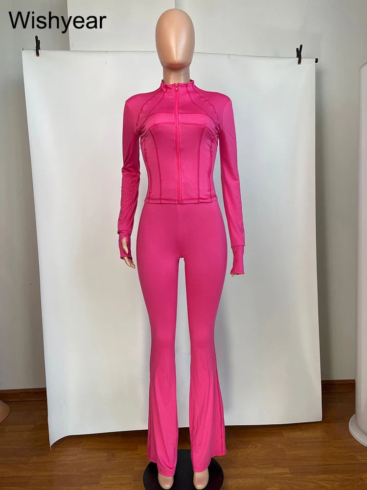 Elegant Street Style Women's Long Sleeve Tops & Flare Pants Set ATHLEXES