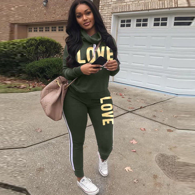 Chic Love Print High Neck Hoodie and Pants Set ATHLEXES