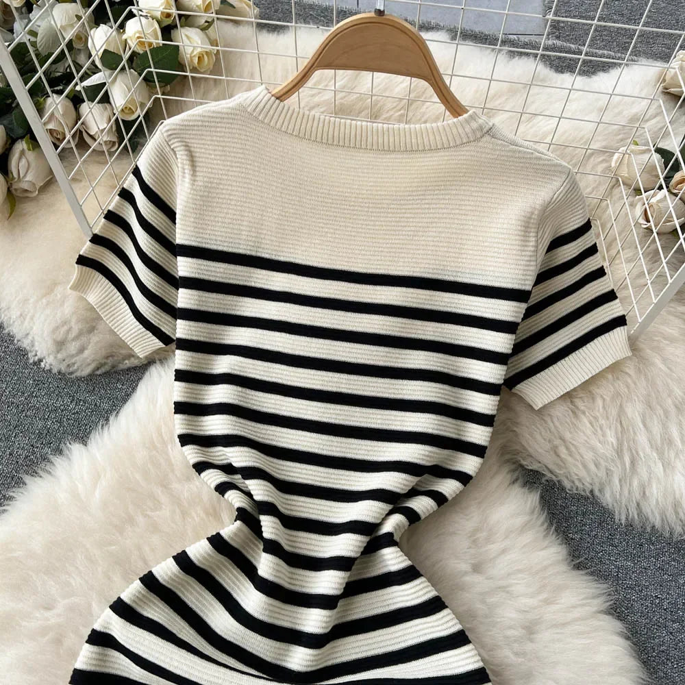Chic Striped Knit Midi Dress for Summer Style ATHLEXES