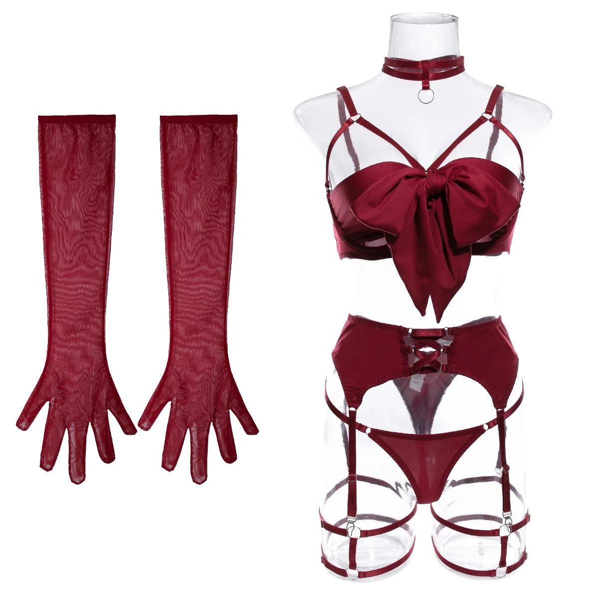Sexy Lingerie Set Bow Bra Black Temptation Four Piece Set ATHLEXES