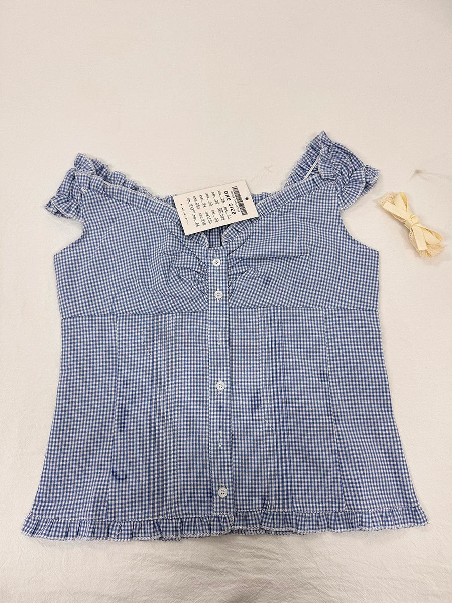 Chic Blue Plaid Puff Sleeve V Neck Crop Top ATHLEXES