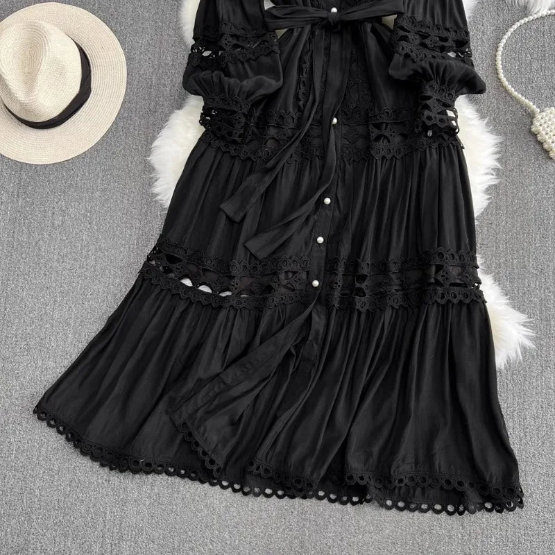 Elegant Hollow Out Lace Long Sleeve Dress ATHLEXES