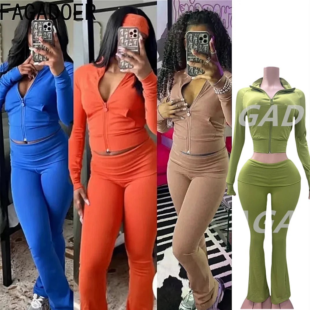 FAGADOER Casual Zip Pocket Crop Top & High Waist Leggings Set ATHLEXES