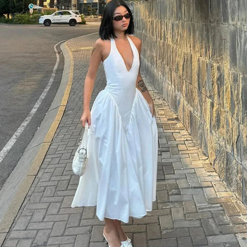 Chic White Backless Halter Dress for Summer Events ATHLEXES