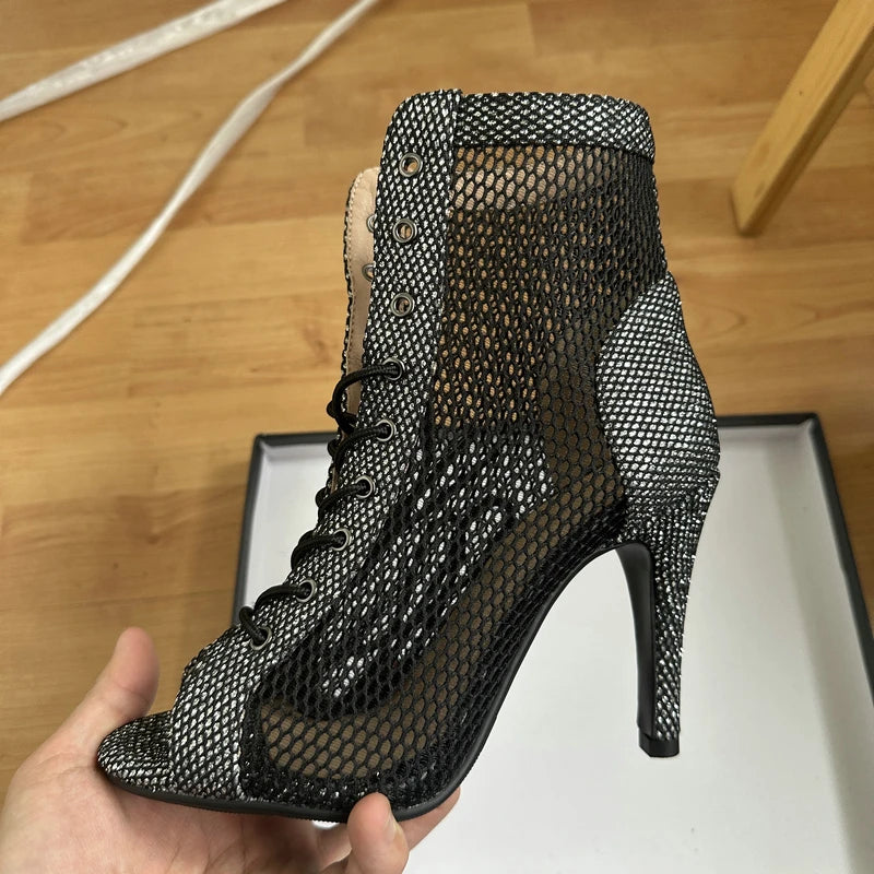 New Sexy High Heels Hollow Mesh Sandals Summer Fashion Trend Comfort Peep Toe Boots Stilettos Jazz Dance Female Shoes Plus Size ATHLEXES